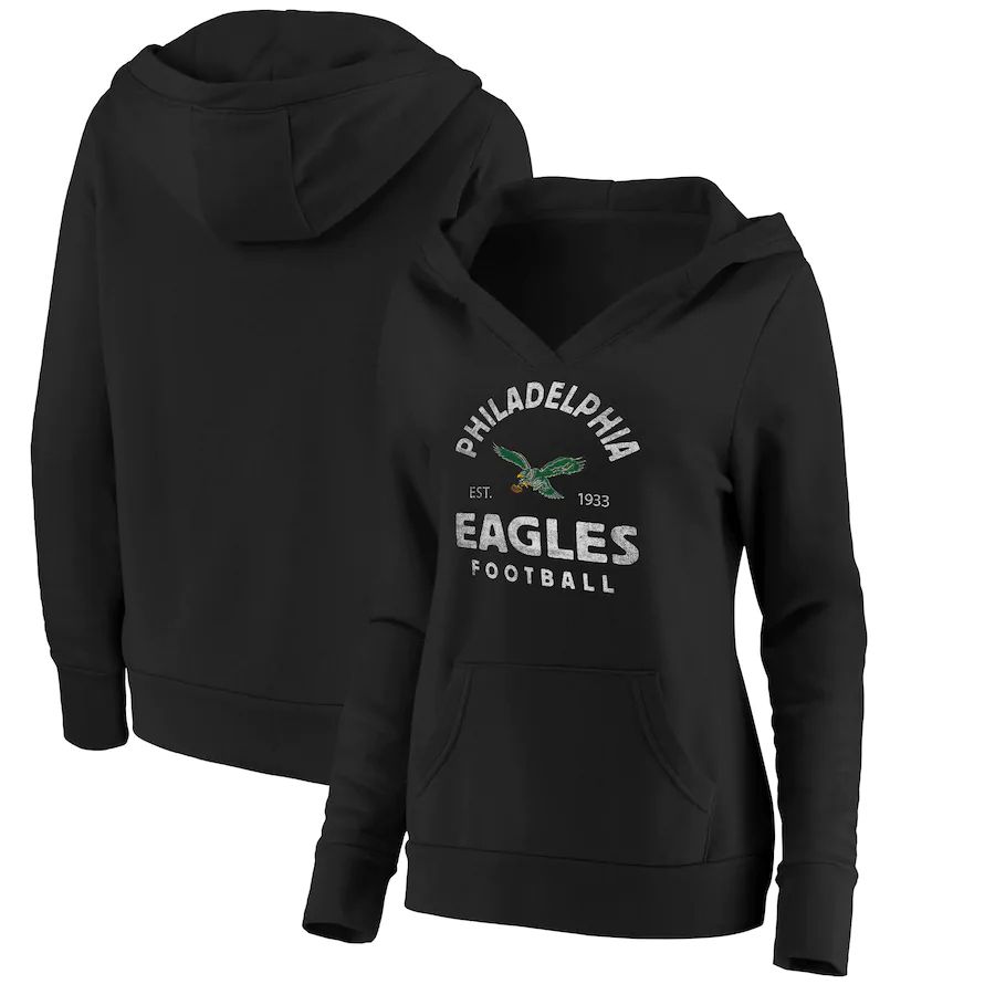 Women Philadelphia Eagles Fanatics Branded Black Vintage Arch V-Neck Pullover Hoodie